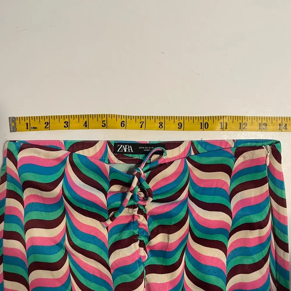 Zara Wide Leg Pants Size Medium Pink Teal Zig Zag Stripe 70s Festival High Rise